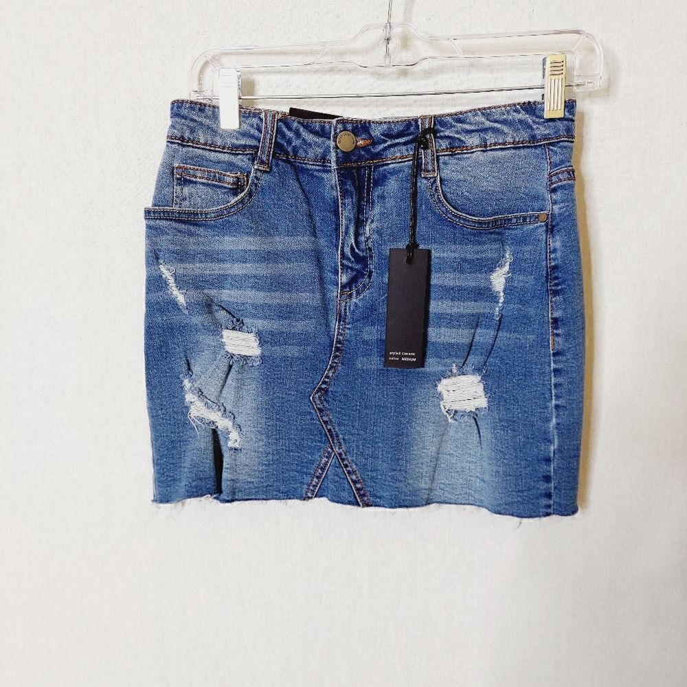 Black Label Distressed Denim mini skirt‎